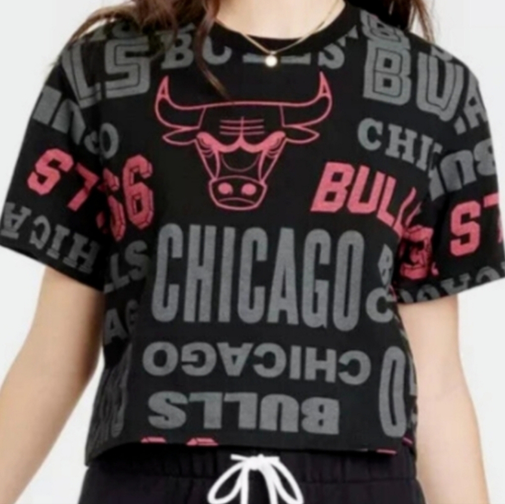NBA Black Crop Top with Pink and Gray Chicago Graphics